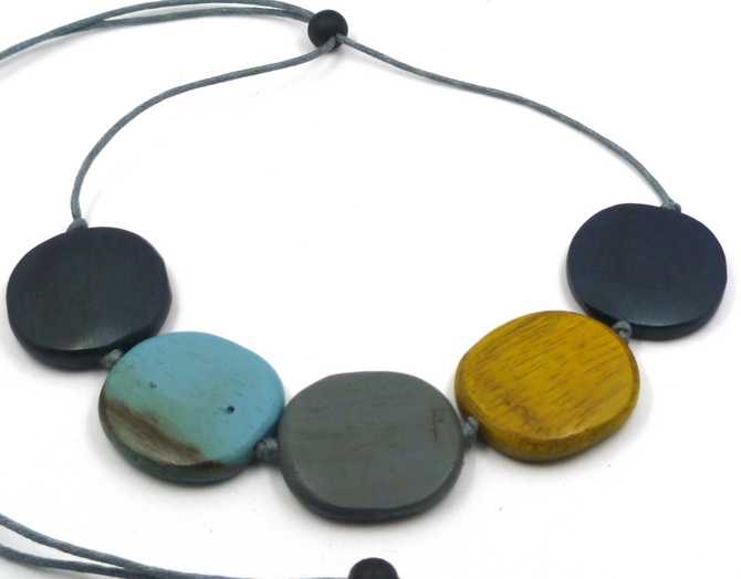 Blue/Grey/Yellow Disc Wood Necklace (m)