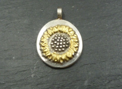 Sterling Silver Sunflower Pebble Pendant with 24 CT Gold
