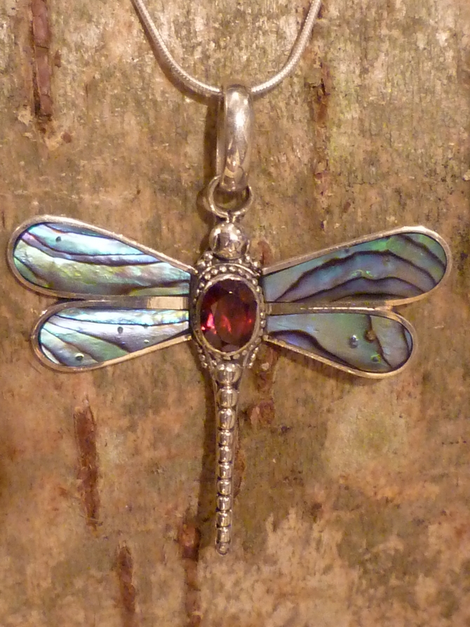 Paua Shell, Garnet & Silver Dragonfly Pendant